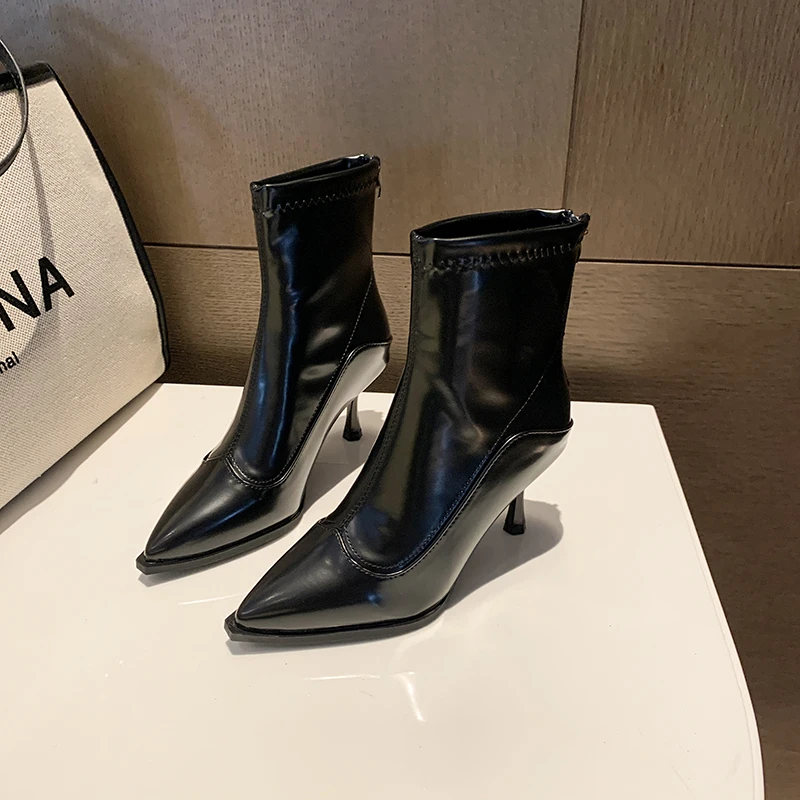 Botki damskie na szpilce, nowa kolekcja 2025, luksusowa marka, designerskie wysokie obcasy, wygodne, z PU, na grubej podeszwie, ciepłe botki Chelsea, rozmiary 35-40