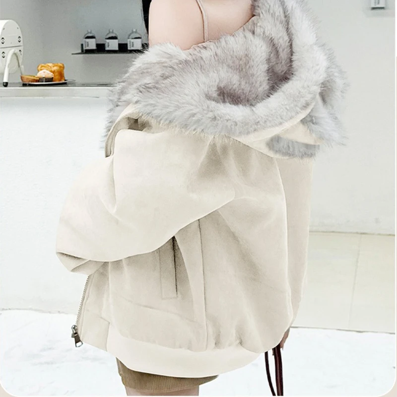 

Korean Fashion Plush Hooded Cotton Jacket Women's Autumn Winter New Thickened Warm Cotton Coat Sweet Cute Loose Zipper Outerwear
