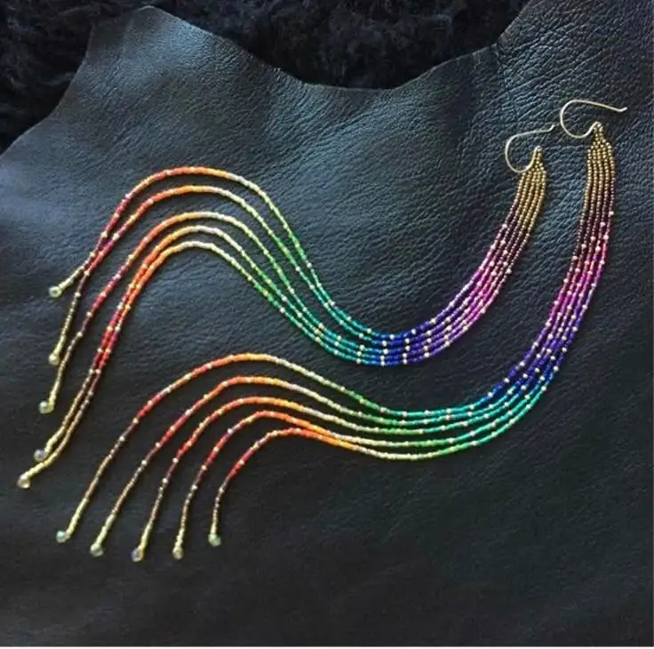Rice bead earrings Gradient color Tassels Bohemia Alloy Female Creativity Hand weaving Fashion Simple Beaded earrings view 2