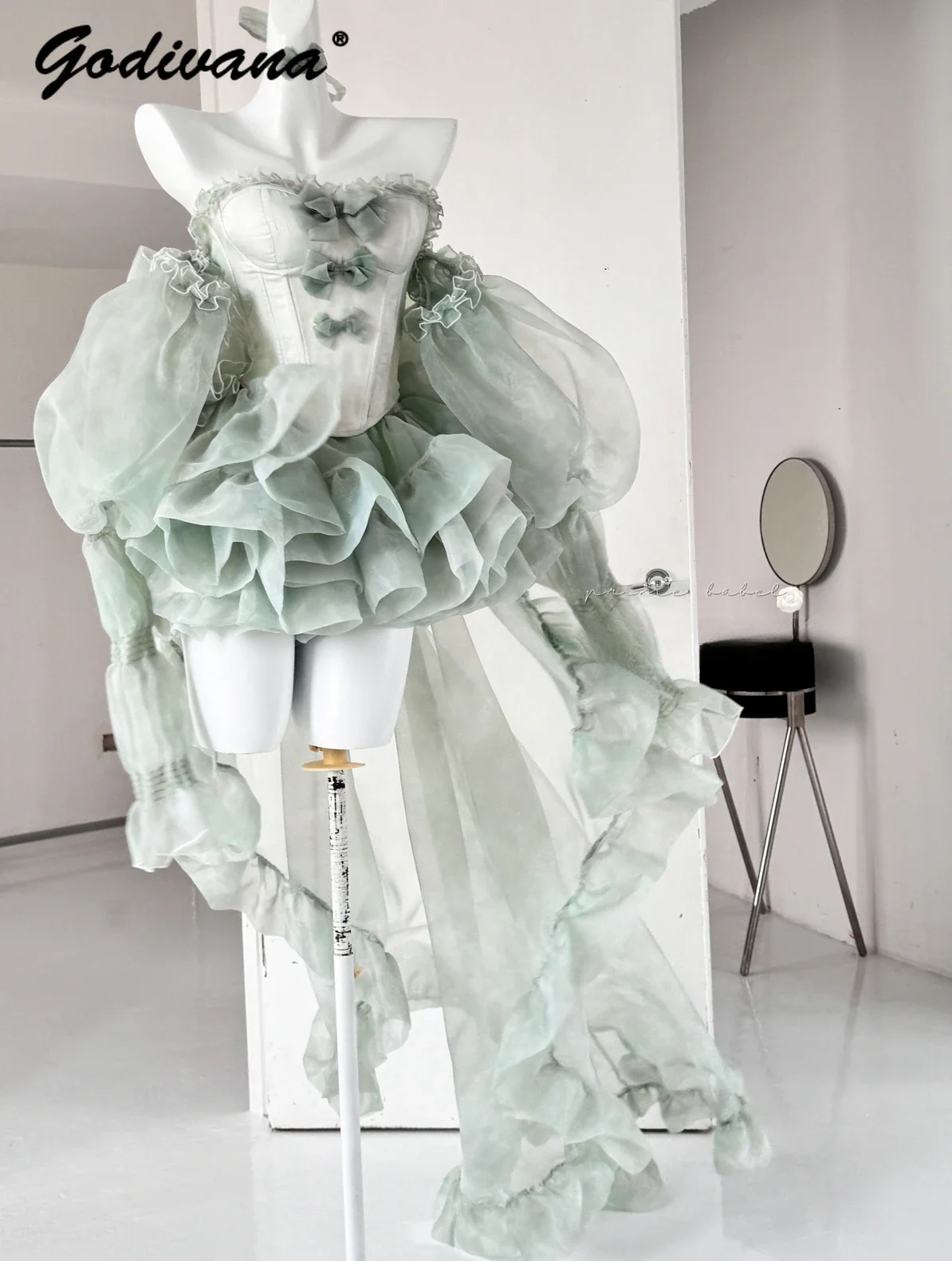 slim fit dress slacks Beautiful mint green thick satin A-line wedding dress with big bow P29 main image 0