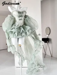 High Street Women's Mint Green Strapless Bowknot Sweet Fairy Organza Dress 2024 New Elegant Big Bow Trailing Party Wedding Dress