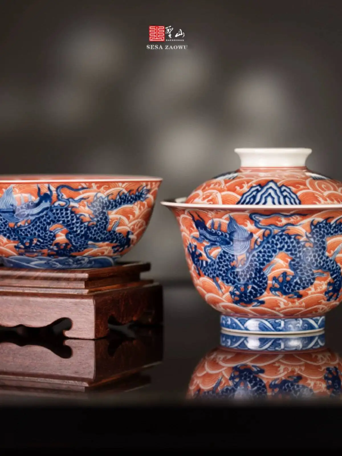 

Holy Mountain Man Gong Blue And White Alum Red Doucai Minglong Tenghai Jingdezhen Hand-Painted Ceramic Tea Set Cover Bowl