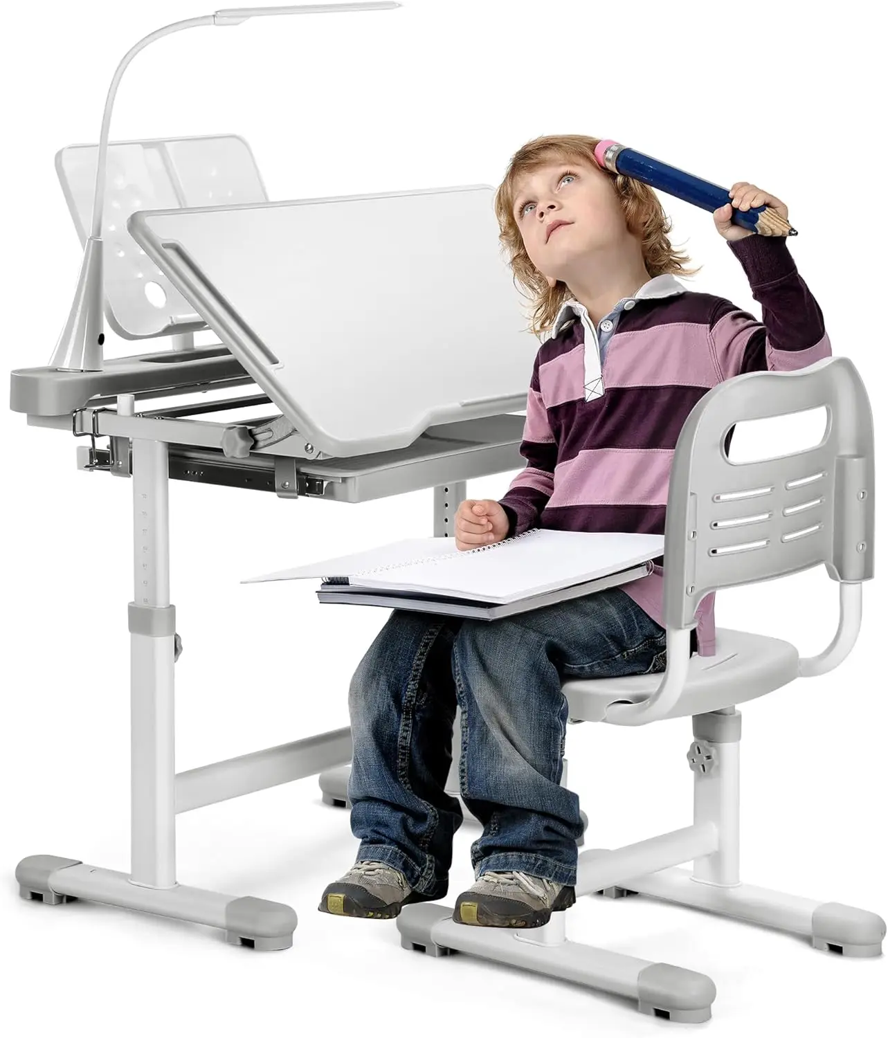 

Kids Desk and Chair Set Height Adjustable School Study Desk and Chair with 55° Desktop, 3 Modes&3 Brightness LED