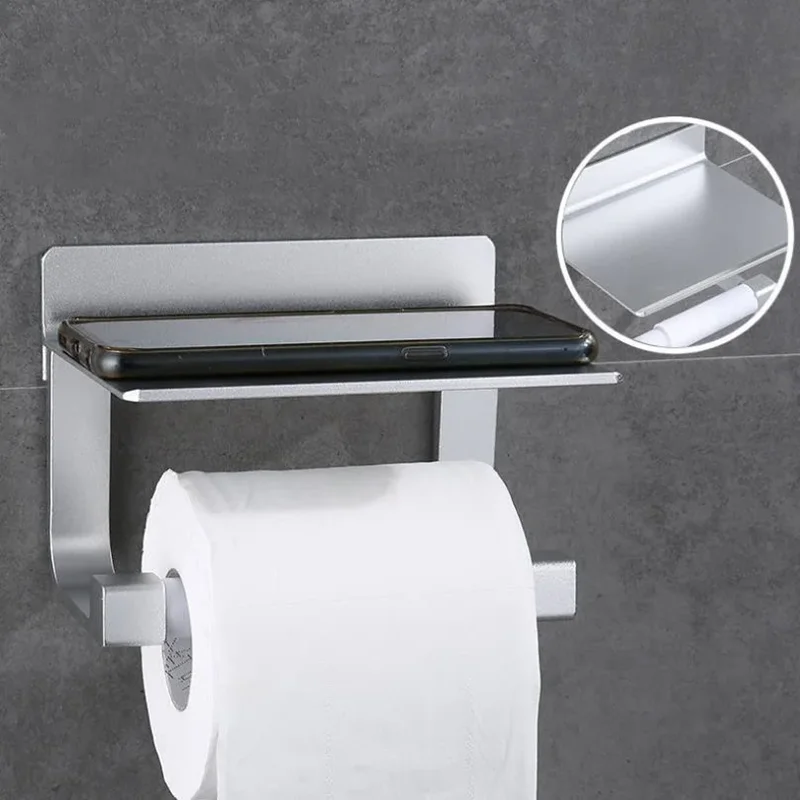

Punch Free Toilet Paper Holder with Phone Shelf Wall Mounted, Bathroom Accessories Tissues Roll Dispenser aluminum