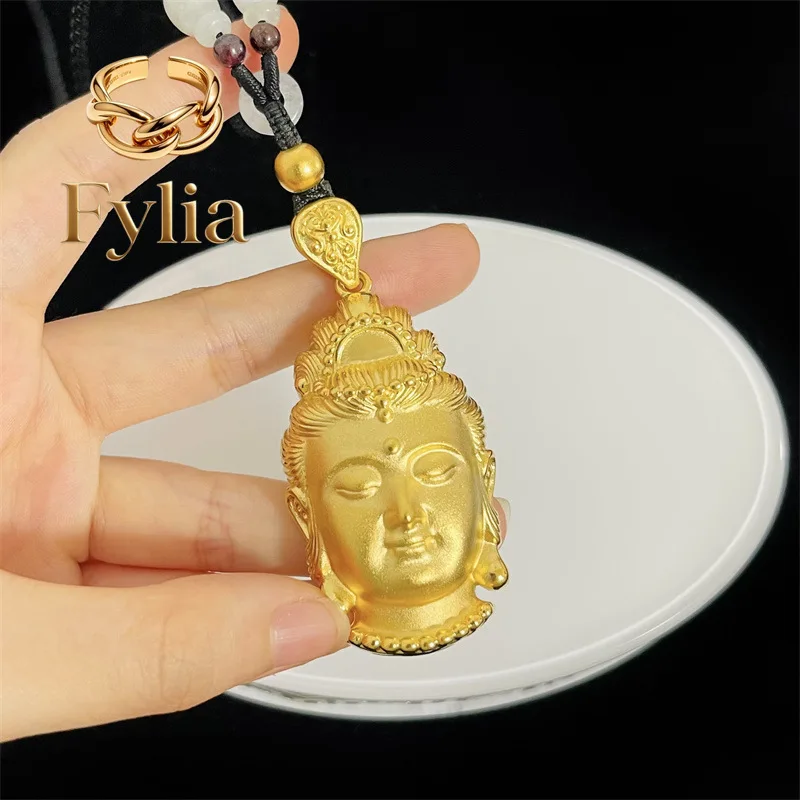 Fylia Jewelry  Light luxury 9999 24K real gold large Guanyin pendant necklace accessories men and women sweater chain matching