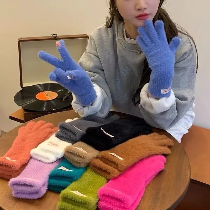 Solid Winter Soft Mink Fleece Gloves Women Plush Knitted Warm Gloves Wrist Mittens Outdoor Driving Ski Full Finger Gloves Gift