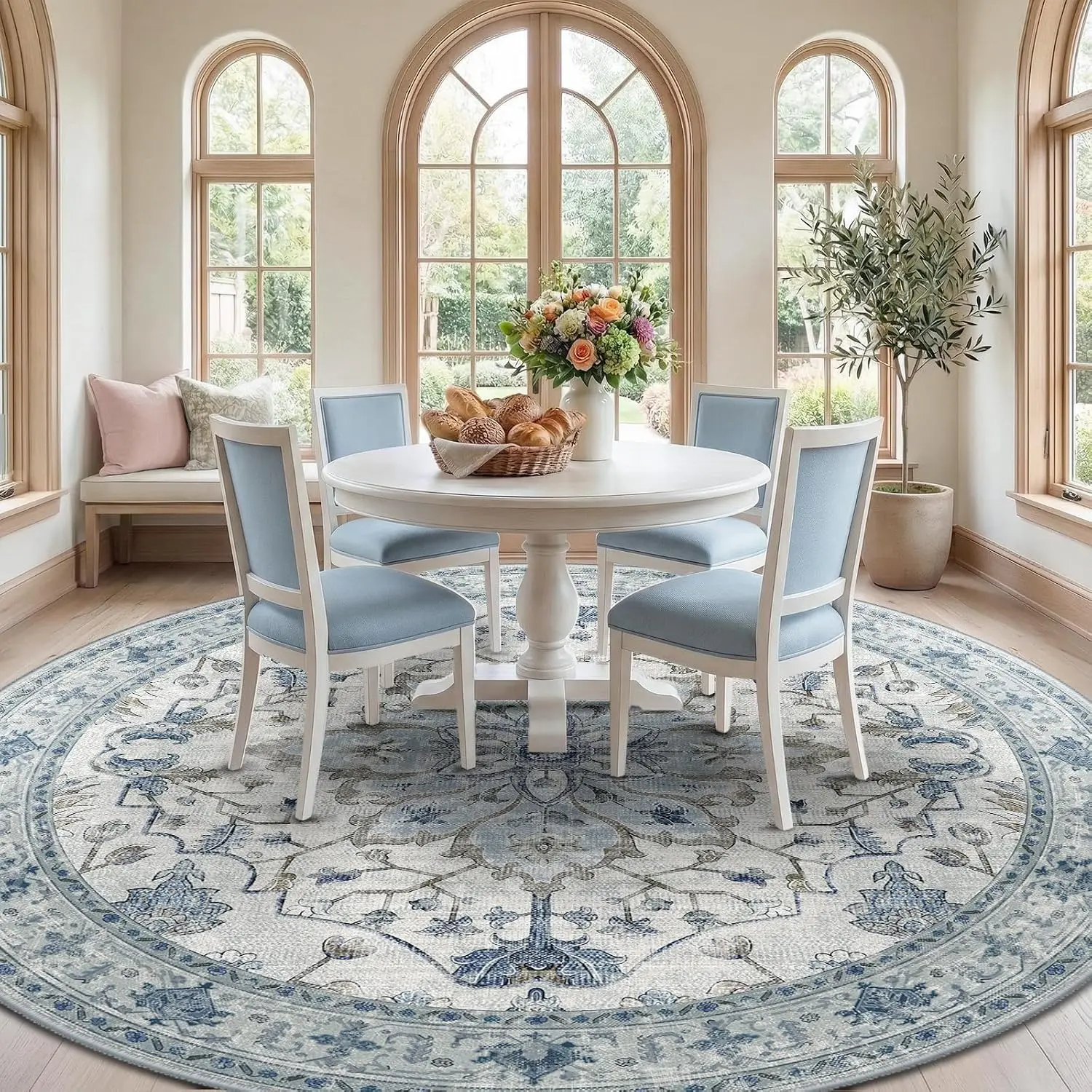 Elegant Round Blue and Grey Vintage Ottoman Style Medallion Area Rug for Living Room Boho Decor Wash Print Cushion Soft House Ca