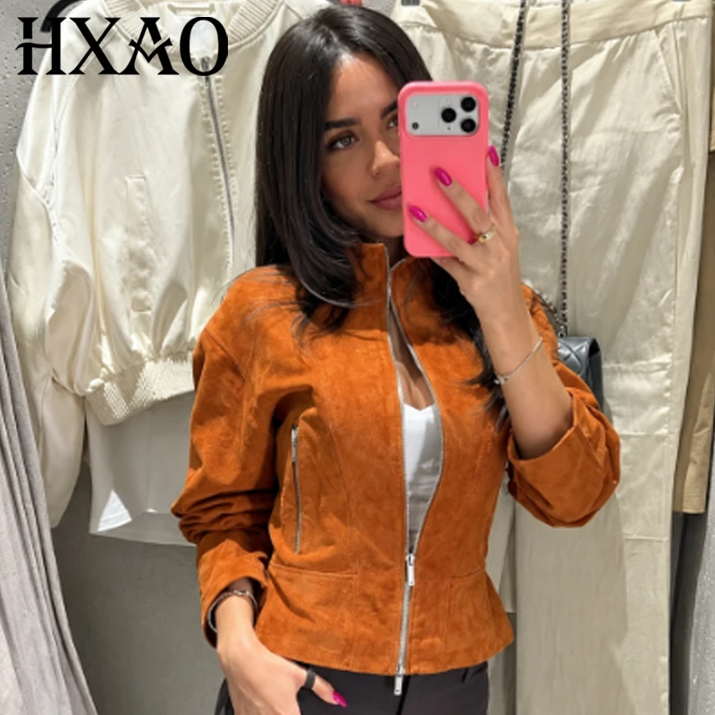 HXAO Faux Suede Cropped Jacket Women's Jacket Autumn 2026 Fashion Orange Long Sleeve Stand Collar Zip-Up Slim Outerwear Chic Top
