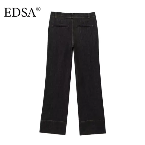 EDSA Dam Svart Denimbyxset Figurnära Skjorta med Påsfickor Pintuck Raka Jeans Långbyxkostym 12 best sales Zara 2-delat set - №7