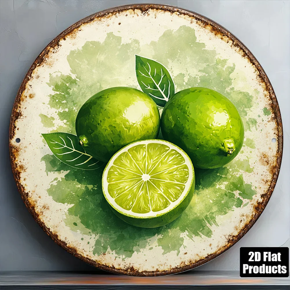 2D Flat, 1pc 1pcs Suitable for Kitchen, Cafe & Restaurant Vintage Lime & Lemon Wall Decor - 8x8in/20x20cm Round Sign with Lime F