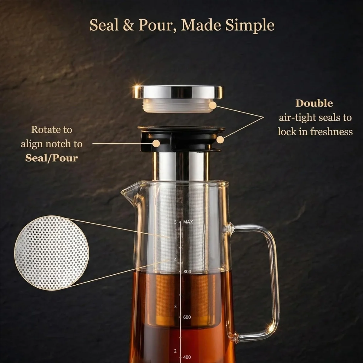 1L/33.82oz Cold Brew Coffee Maker with Handle, Extended Stainless Steel Filter with Cleaning Brush for Iced Coffee, Tea