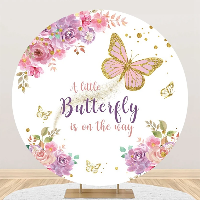 Butterfly Girl\'s Birthday Round Backdrops Photography Baby Shower Portrait Photographic Party Circle Backgrounds With Elastic