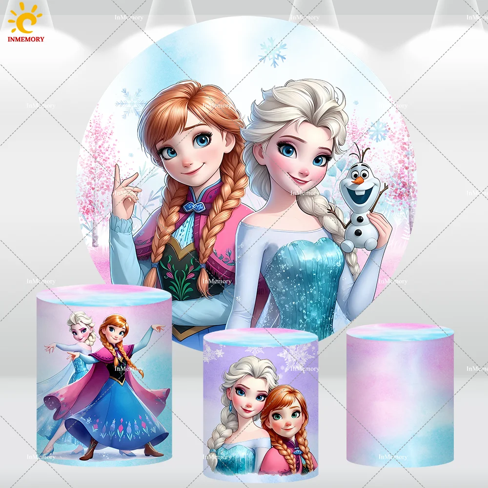 

Frozen Birthday Party Supplies Round Backdrop Cover for Girls Anna Elsa Princess Circle Background Table Cylinder Covers