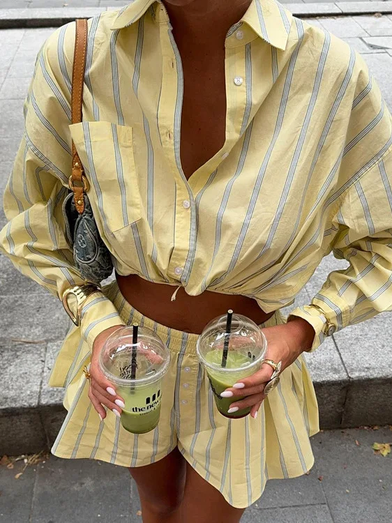 Casual Stripe Shirt Shorts Two-Piece Set Long Sleeve High Waist Loose Fit Anti-Wrinkle Summer Leisure Wear for Teen Girls
