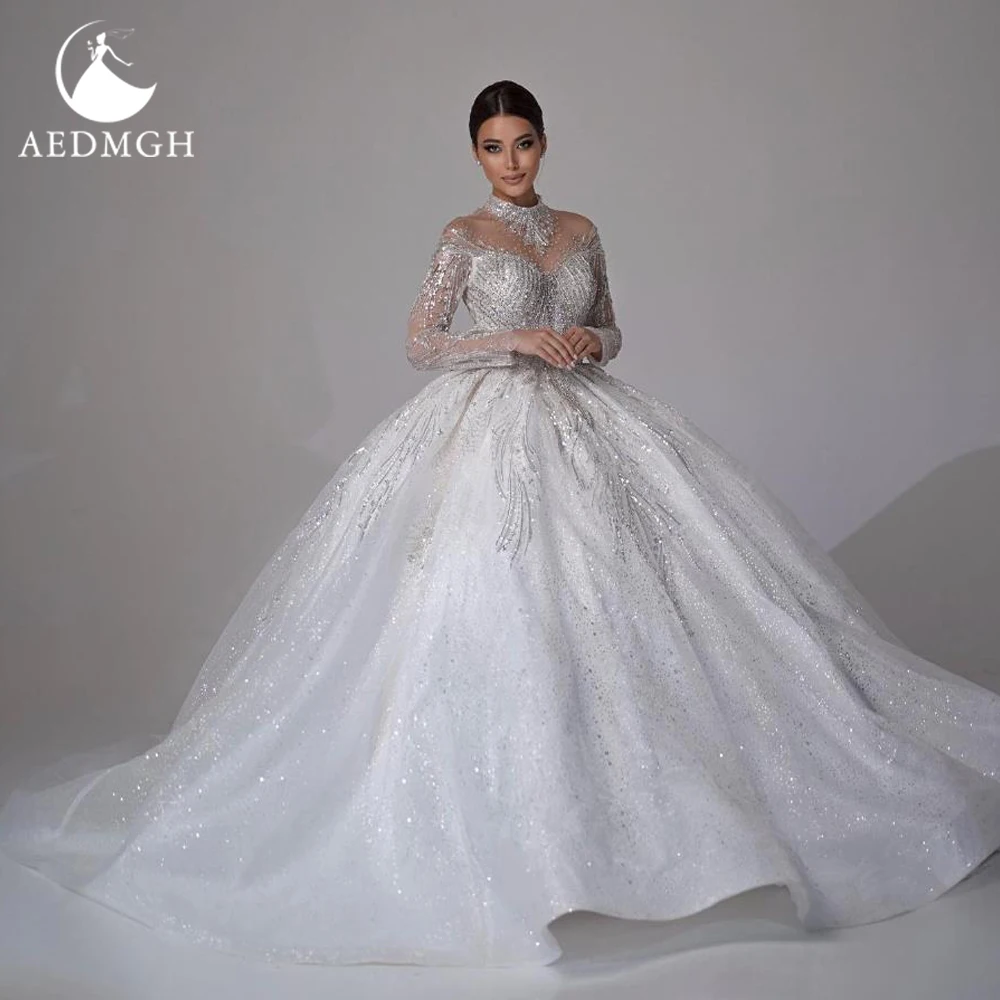 

Aedmgh Ball Gown Luxury Wedding Dresses High Neck Long Sleeve Vestido De Novia Lace Sequined Princess Custom Made Bridal Gowns