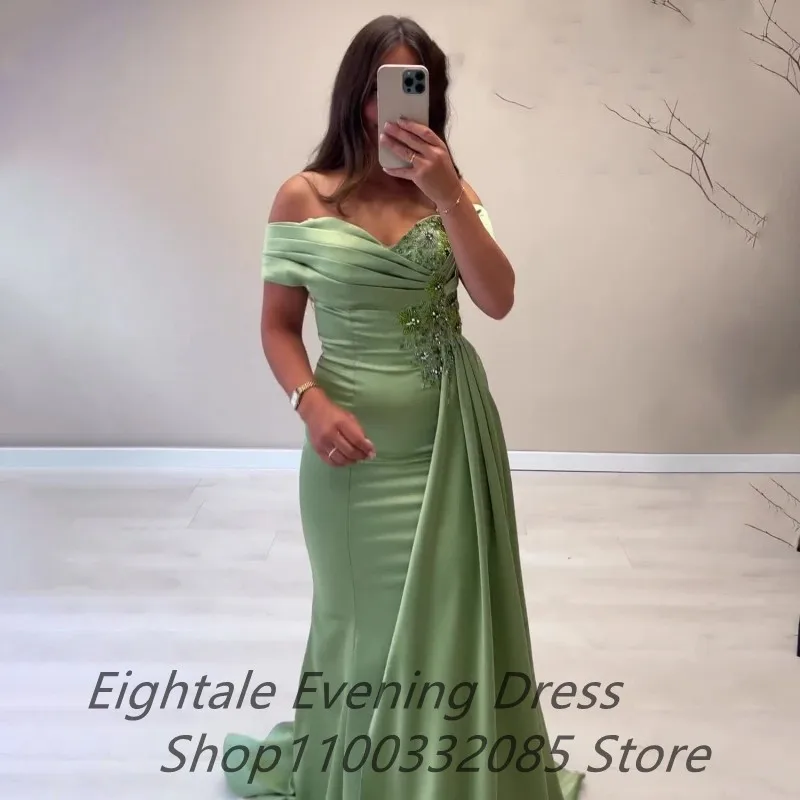 Eightale Aus Shouder Gras Grüne Meerjungfrau Abendkleid Perlen Lange Luxus 2022 Dubai Frauen Satin Formale Party Kleid