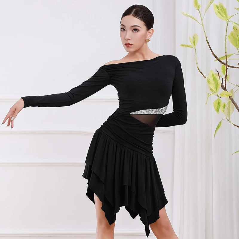

Платье для латиноамериканских танцев 2026, женское, с длинным рукавом, черное, для тренировок, одежда для латины, для ча-ча-ча, румбы, сальсы, костюм для практики 5107