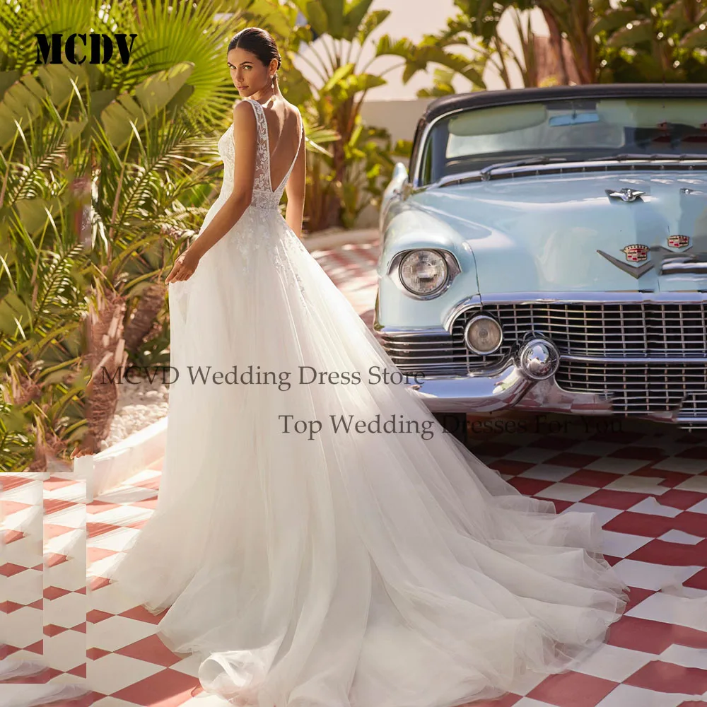 MCDV Princess Wedding Dresses Detachable Long Sleeve Double V-Neck Applique A Line Lace Bride Gowns Customized robe de mariée