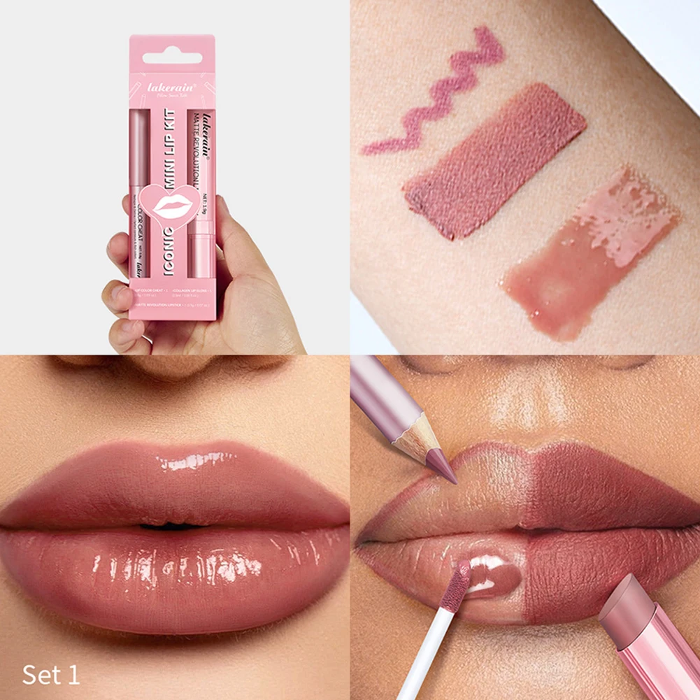 3pcs Lip Makeup Set Lip Liner Lip Gloss Lipstick Mirror Effect Beep Lips High Color Long-Lasting Hydrates Travel Mini Set