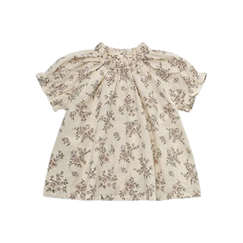 Summer 2026 Girls' Cotton Floral Print Shirt Korean Style Stand Collar Short Sleeve Blouse for Children