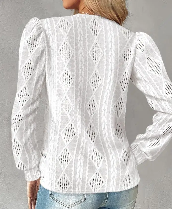 

Women's White Tops Autumn Jacquard & Argyle Pattern Asymmetrical V-Neck Button Decor Long Sleeve T-Shirt Casual Hollow-Out Top