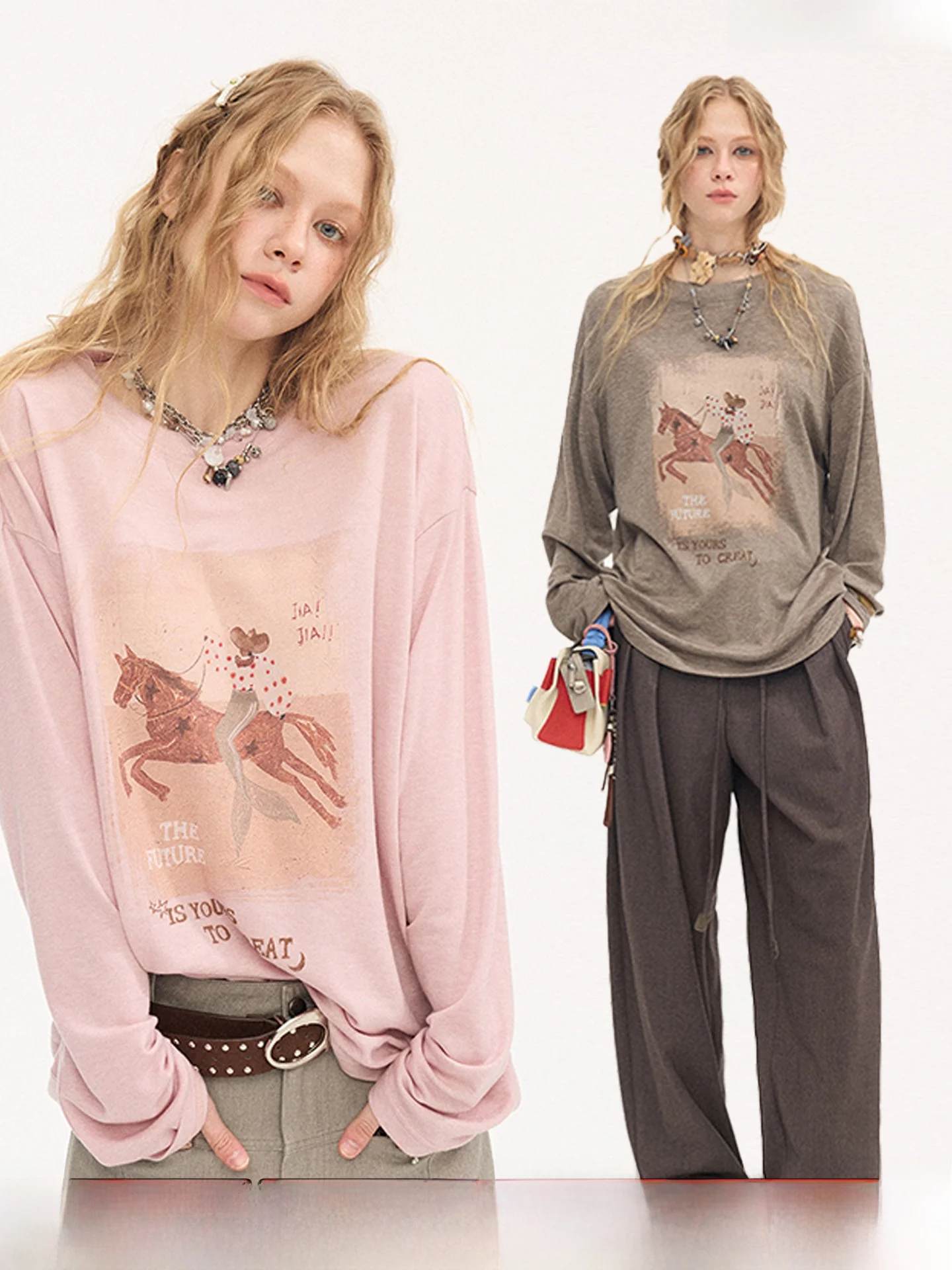 

DIDDI MODA Loose Long Sleeve T-Shirt Women's Summer 2026 Print Overhead Pattern Running Design College Style Universal Fit