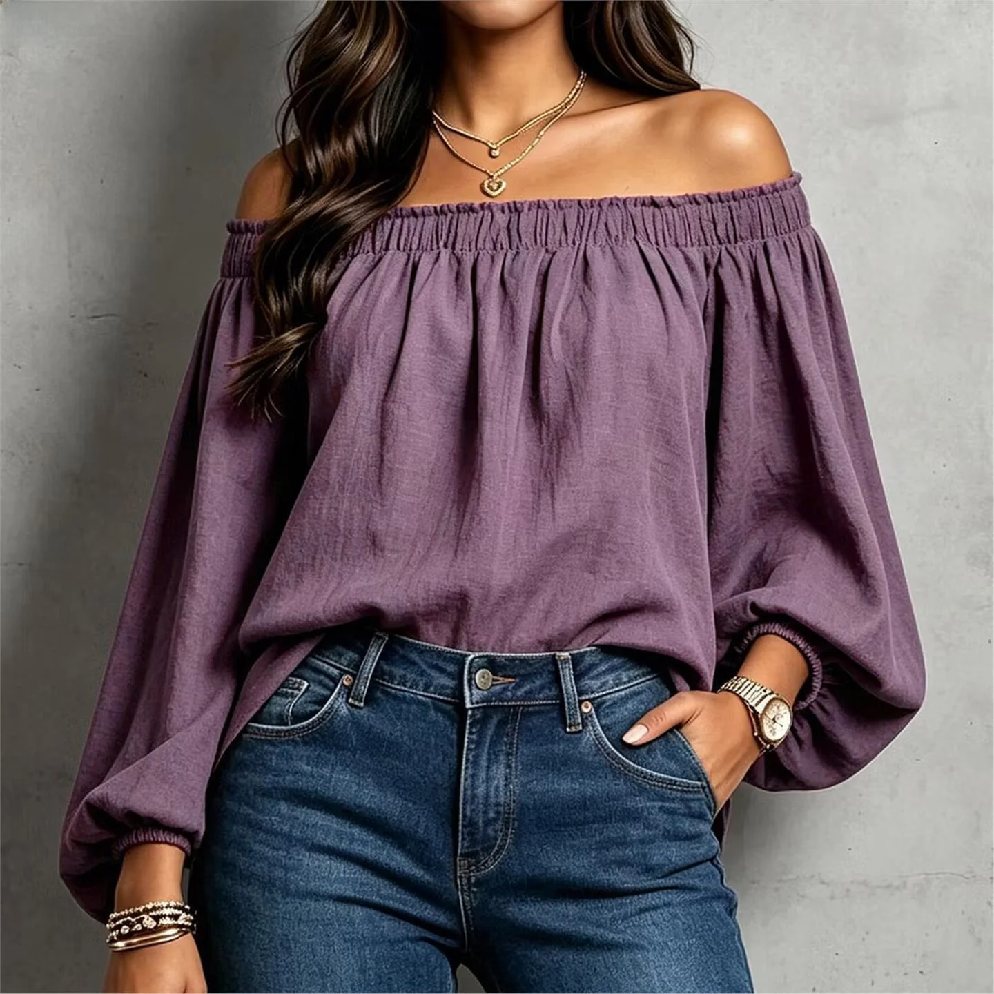 LinJ2026 Women's Long Sleeve Shoulder Bared Commute Overhead Top European Style 3D Element Polyester Casual City Walk Vest