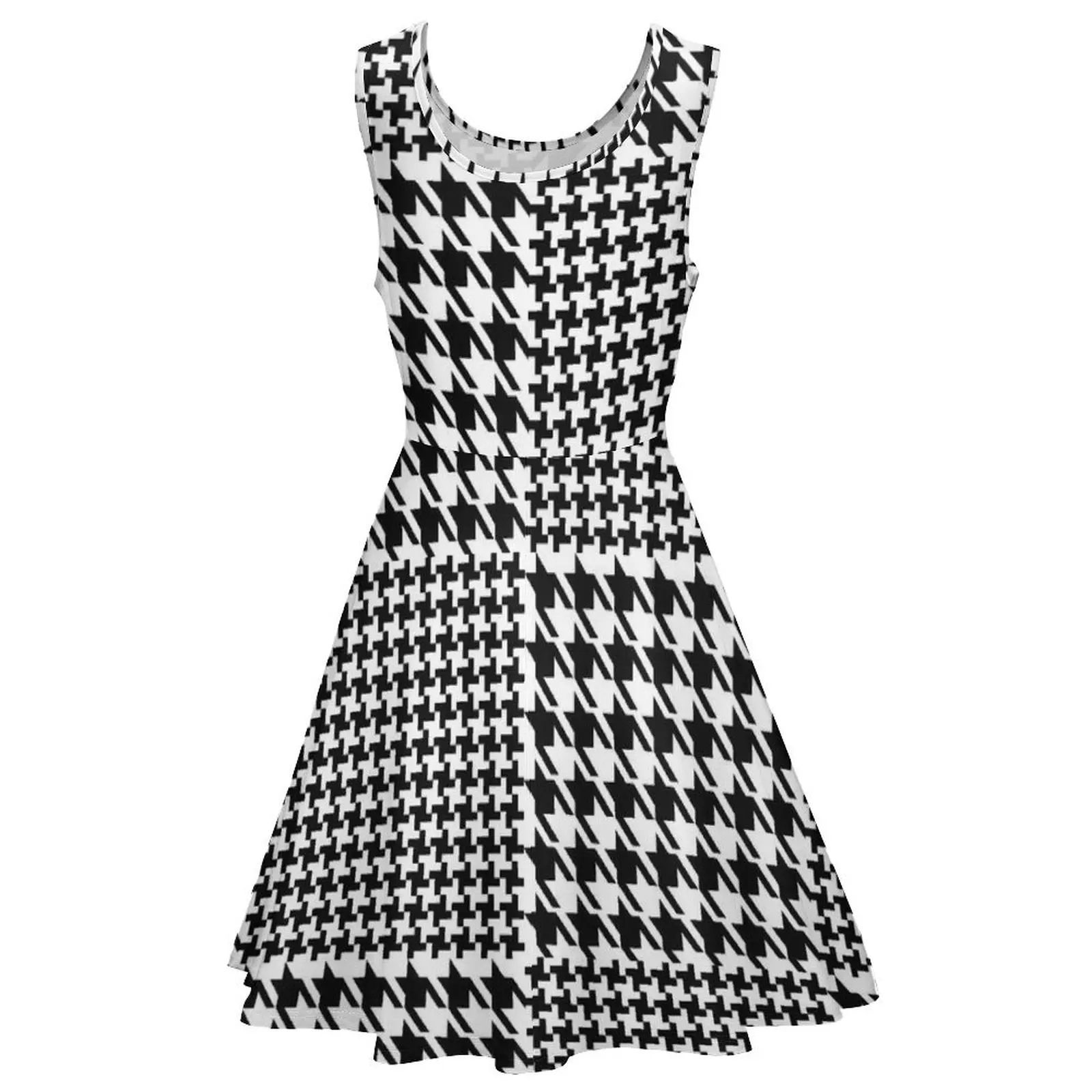 Vestido feminino de cintura alta Houndstooth, estampa patchwork, vestidos casuais extragrandes, vestido de skate padrão boho, vintage, verão