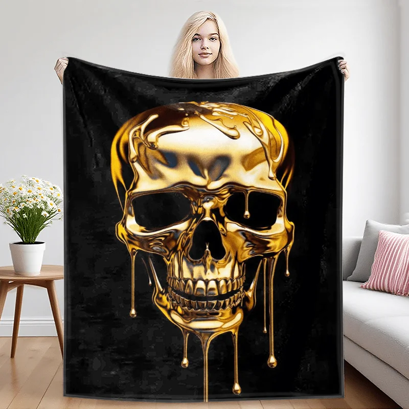 Luxury Gold Dripping Skull Throw Blanket Cozy Aesthetic Gothic Home Decor Gift for Man Woman 150x200cm