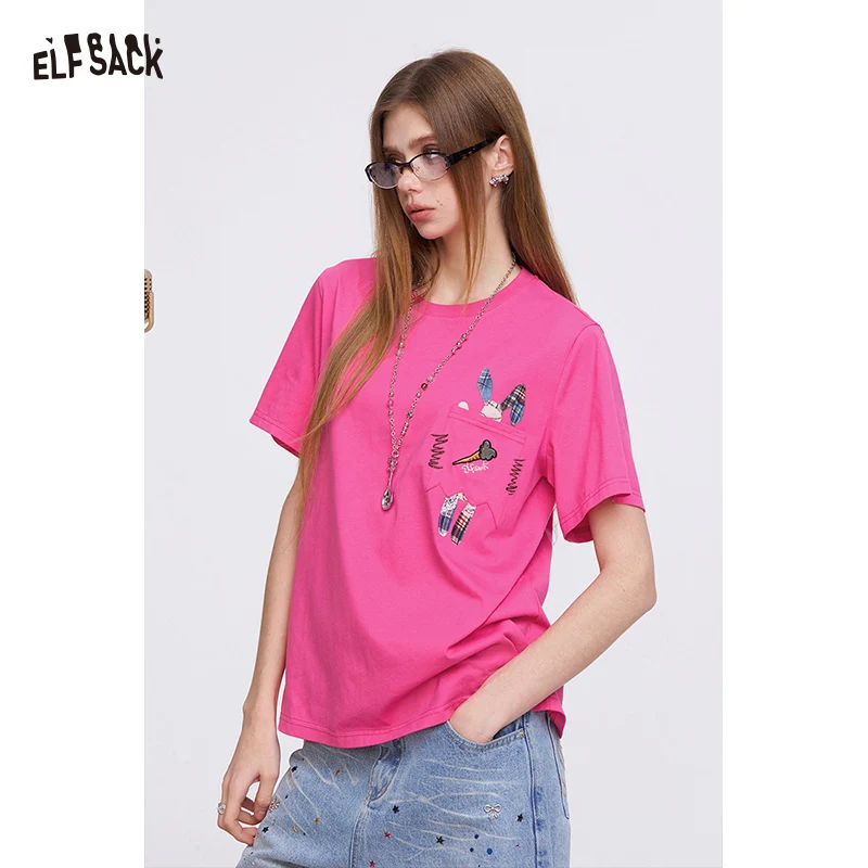 

ELFSACK Summer New Magenta Irregular Pocket Decor Rabbit Print Short Sleeve T-Shirt for Women