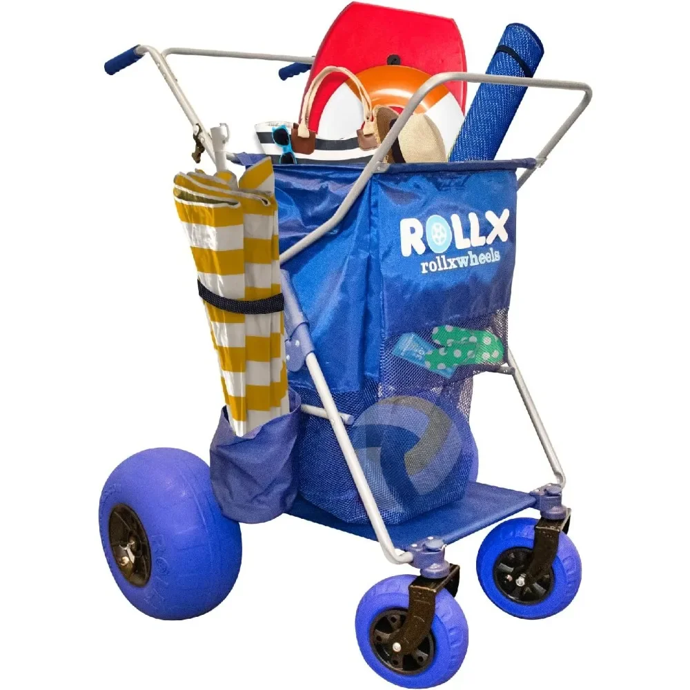 

Beach Cart with 4 Balloon Wheels for Sand, Foldable Storage Wagon with Rear 13 Inch Beach Tires, Front 7 Inch Beach Tires