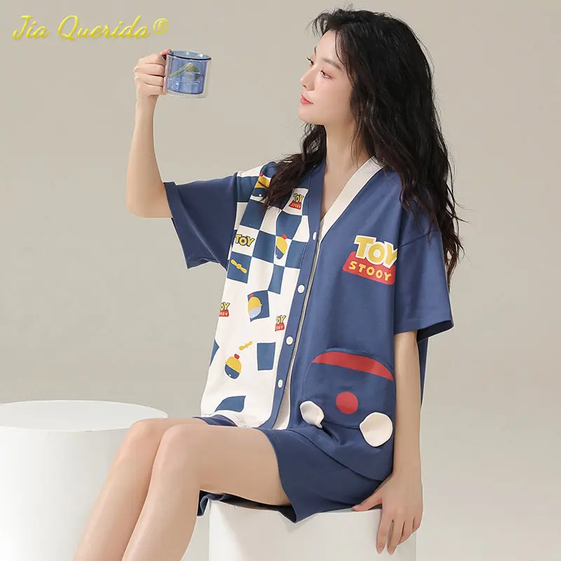 SUKAE High Quality Woman\'s Pajamas Set 100% Cotton Summer Shorts Sleepwear Fashion Kimono V-neck Homewear Cute Pijama for Girl
