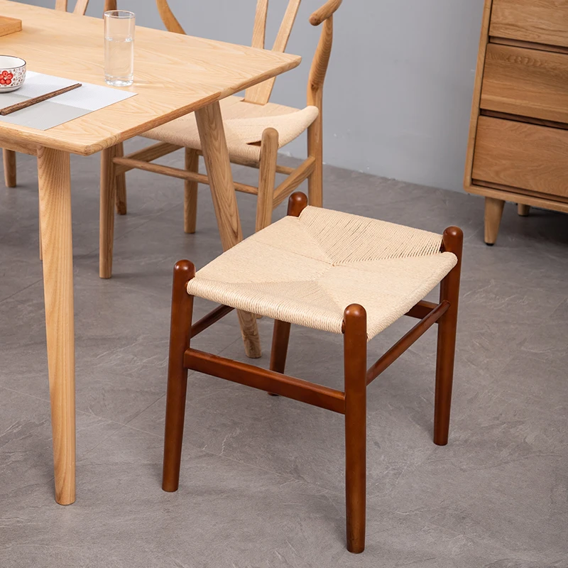 Nordic Style Solid Wood Tea Stool Japanese Rattan Makeup Bench Minimalist Vanity Seat for Bedroom