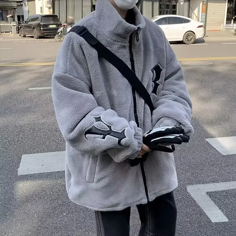 

Men's Winter & Autumn Lamb Wool Cotton Jacket Loose Fit Casual Youth Cool Street Style Stand Collar Embroidered Parka Pockets