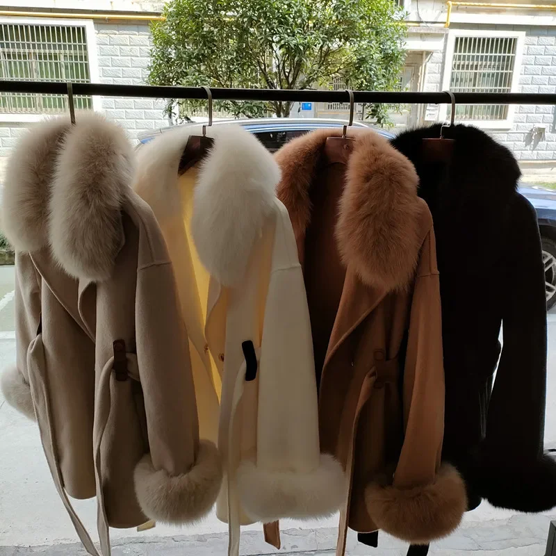 Autumn Winter Fashion Korean Style Loose Casual Style Removable Fox Fur Collar Double-sided Cashmere Coat Women's Wool Coat