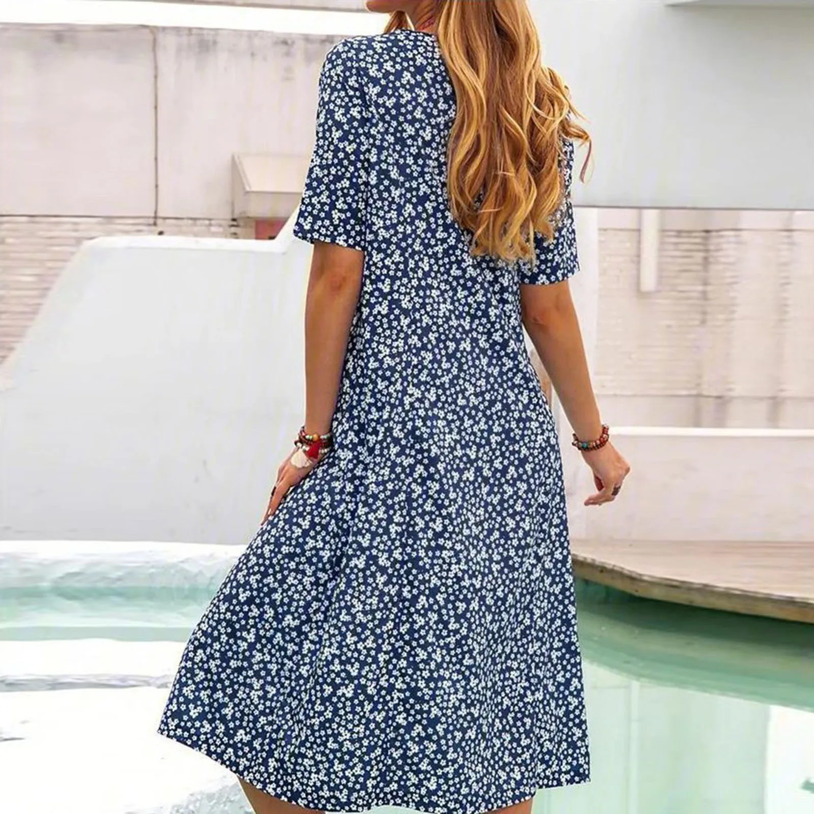 Vestido longo floral vintage para praia feminino, gola O, manga curta, vestido boho, vestido boêmio de férias, senhora elegante vestidos