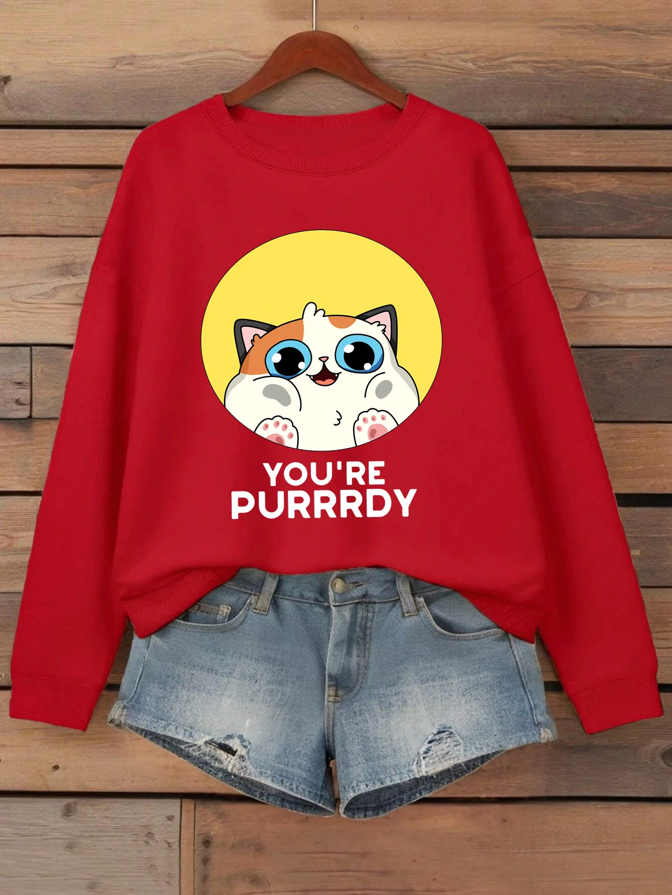 You'Re Purrrdy لطيف القط تصميم البلوز المرأة Crewneck كل مباراة الملابس عادية فضفاض الشارع الشهير الخريف كنزة صوف #1