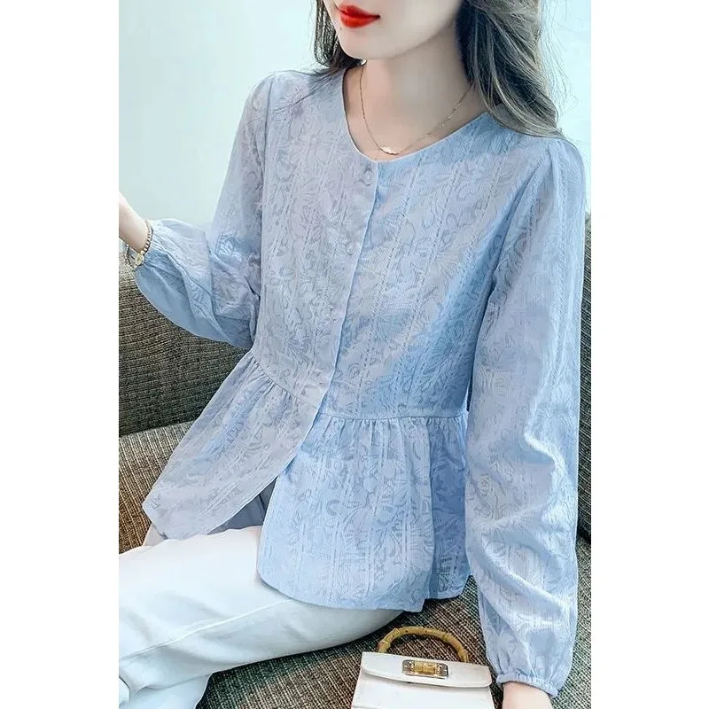 

Весенне-летняя женская блузка светло-голубого цвета с жаккардовым узором, пэплумом, пуговицами спереди, длинными рукавами, повседневная, элегантная, свободного кроя