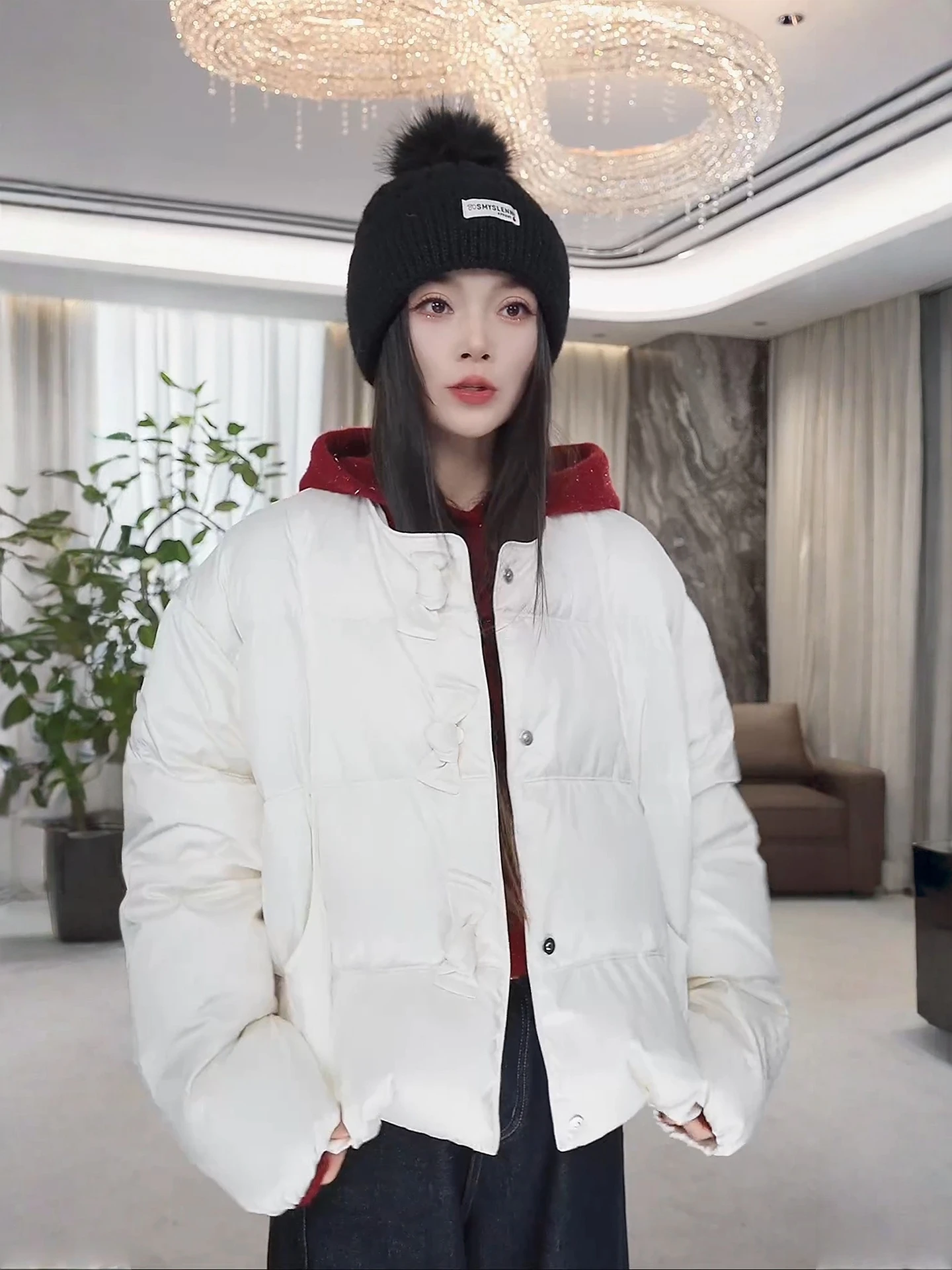 

Red round Ne down Jaet Women's Faionable Chinese Sle Warmth Knot Button Casual Sle 90% White Du down Fi...