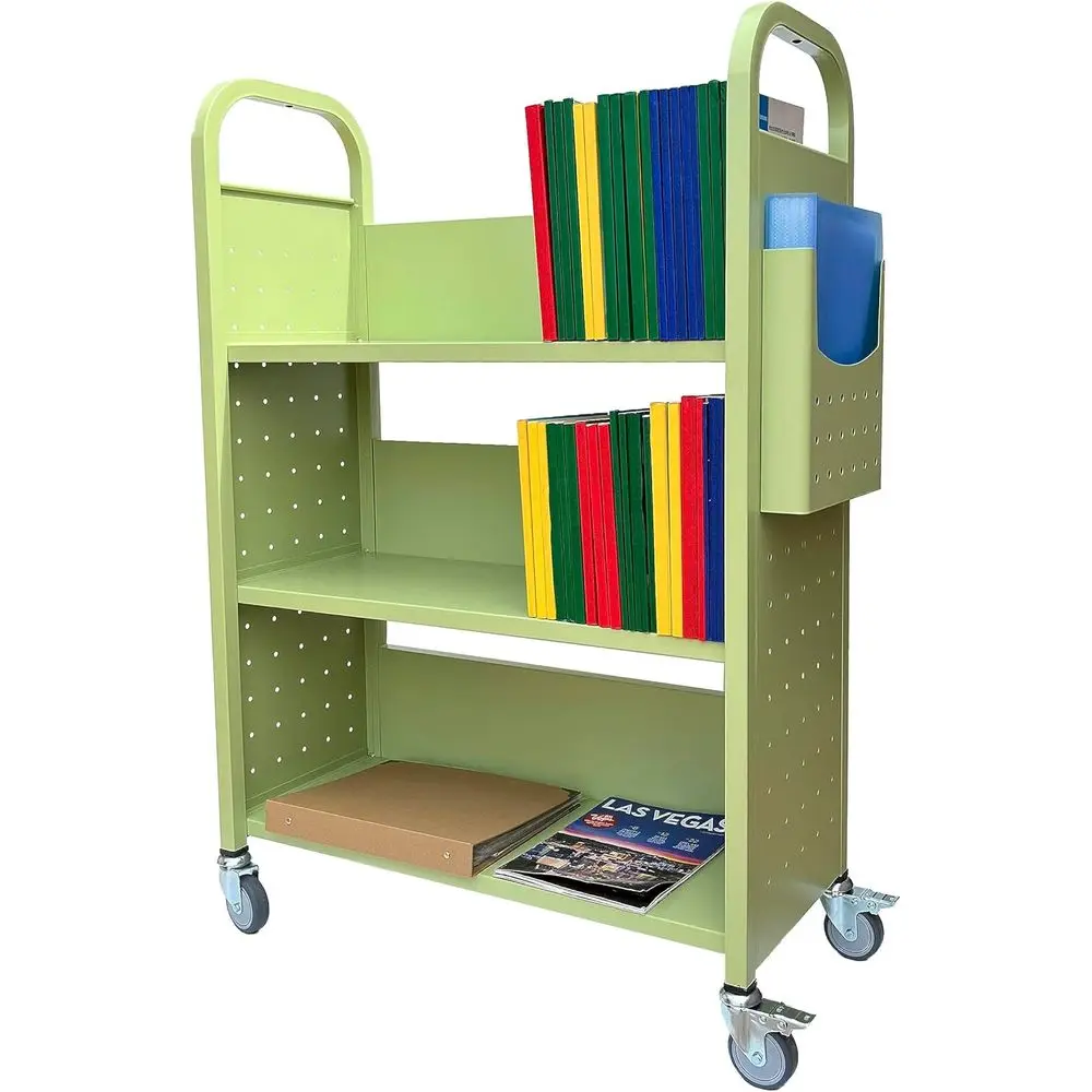 Carrito de Libros con Ruedas, 3 Estantes, Carrito de Libros con Ruedas Giratorias Bloqueables 3001 Verde