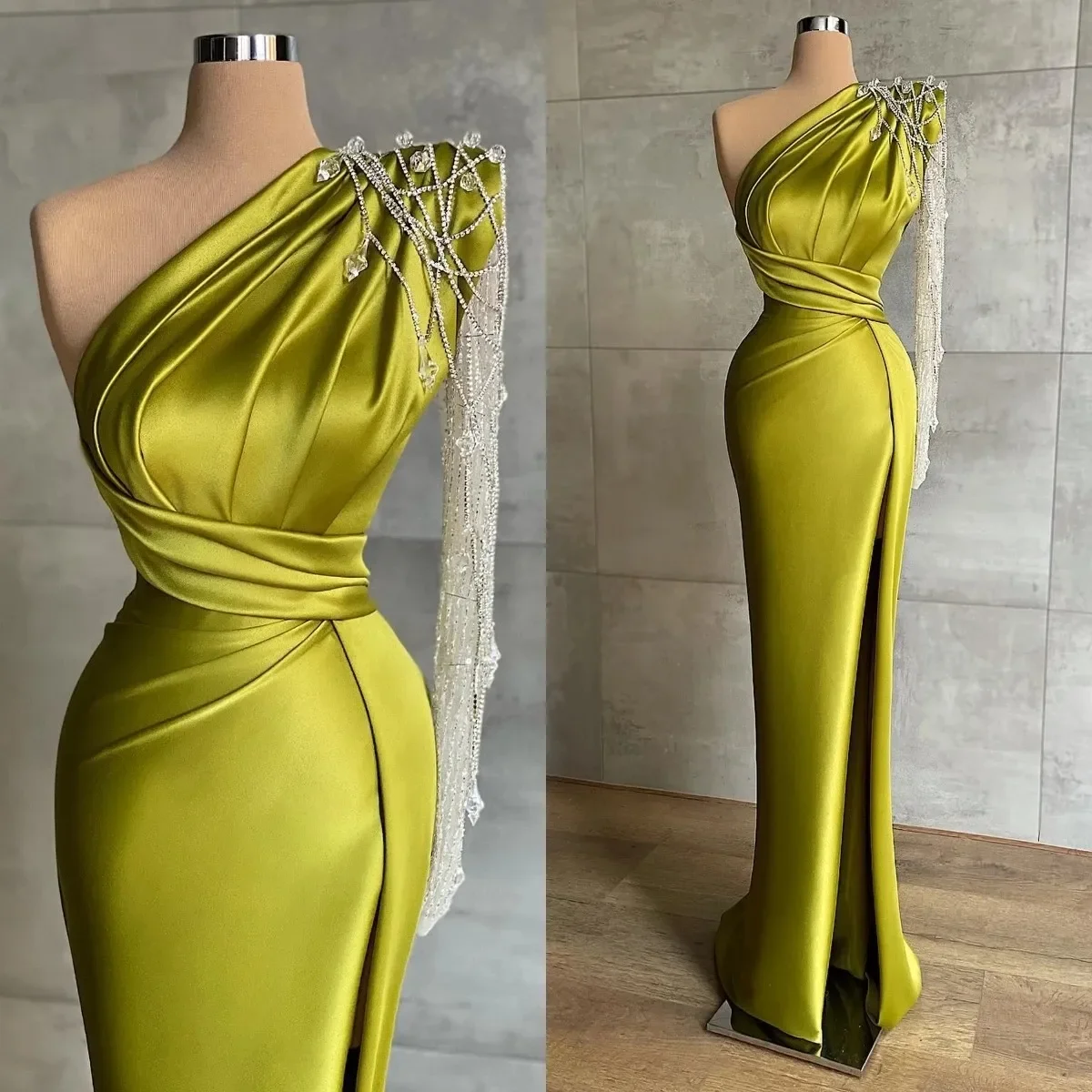 Verde um ombro sereia vestidos de noite contas vestidos de baile renda manga longa festa formal alta divisão robe de soiree personalizado