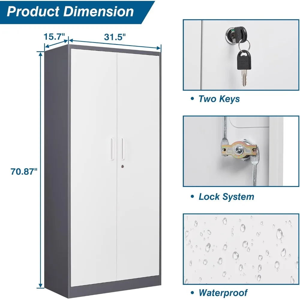 ตู้เก็บของโลหะสูง 71 นิ้ว พร้อมชั้นวางปรับระดับได้และประตูล็อคได้ สำหรับใช้ในโรงรถ สำนักงาน และบ้าน