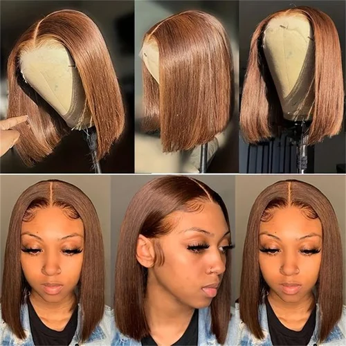 Imagen 2 del producto Pelucas Bob cortas rectas de hueso marrón Chocolate pelucas delanteras de encaje 13x4 pelucas de cabello humano de color brasileño pelucas Bob de cabello humano 180% de densidad