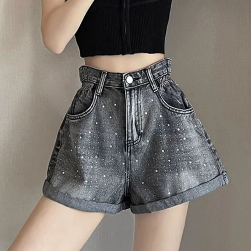 American Vintage Gray Wide Leg Denim Shorts for Women Fashion Rhinestone Roll Up Hem Shorts Streetwear High Waist Slim Hot Pants