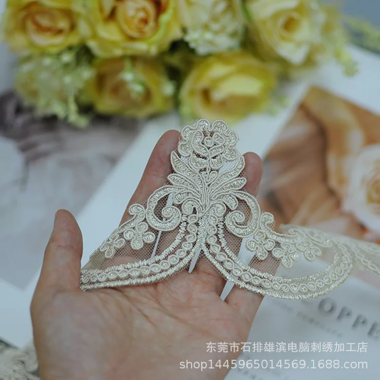 1 Yard Exquisite Champange Gold Flower Lace Mesh Embroidery Wedding Dress Home Textile DIY Handmade Accessories 8cm wide