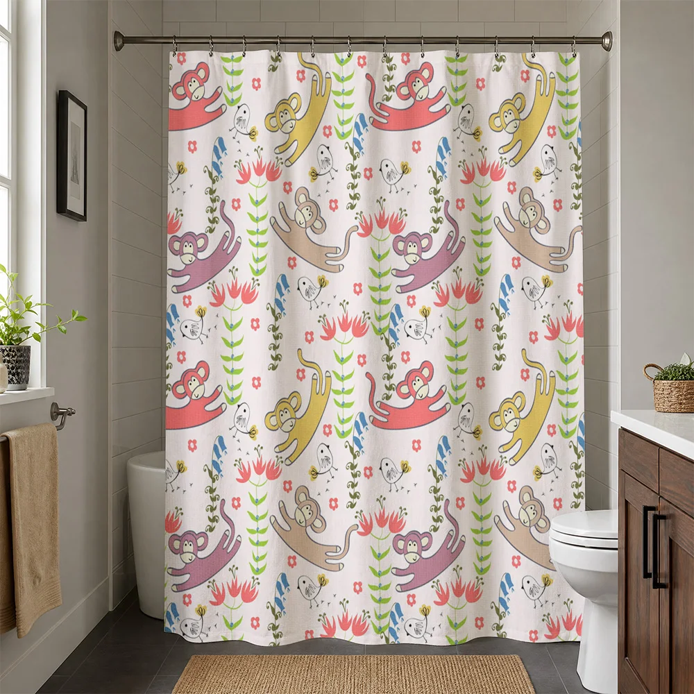 Cute Waterproof Shower Curtain Monkey Floral Print Bathroom Shower Liner Kids Decor Tropical Shower Curtain Waterproof Liner for