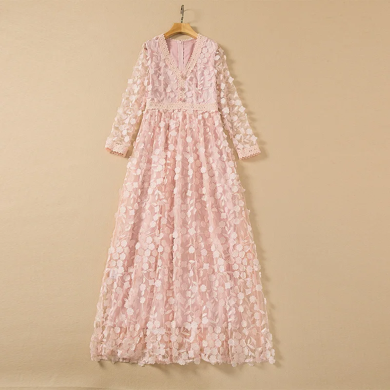 

European and American women's wear spring 2022 new Long-sleeve V-neck flower petals Fashionable pink pleated dress