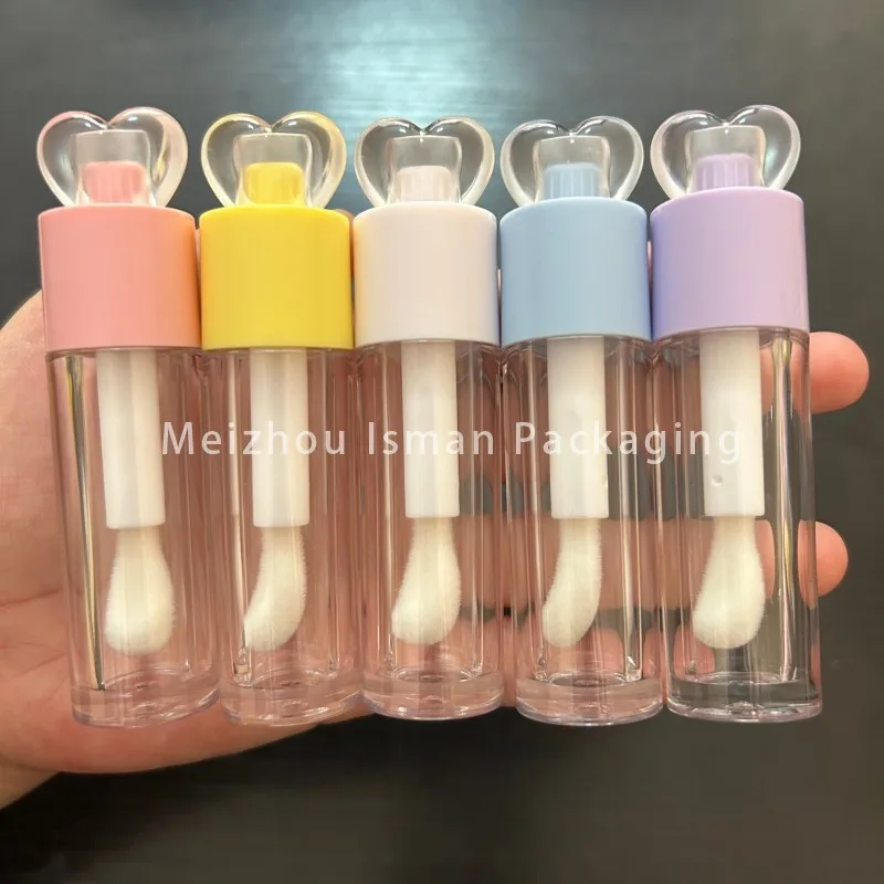 50Pcs Wholesale 7ml White Pink Yellow Blue Purple Heart-Shaped Clear Lipgloss Tubes with Big Wand for Cosmetics Packaging