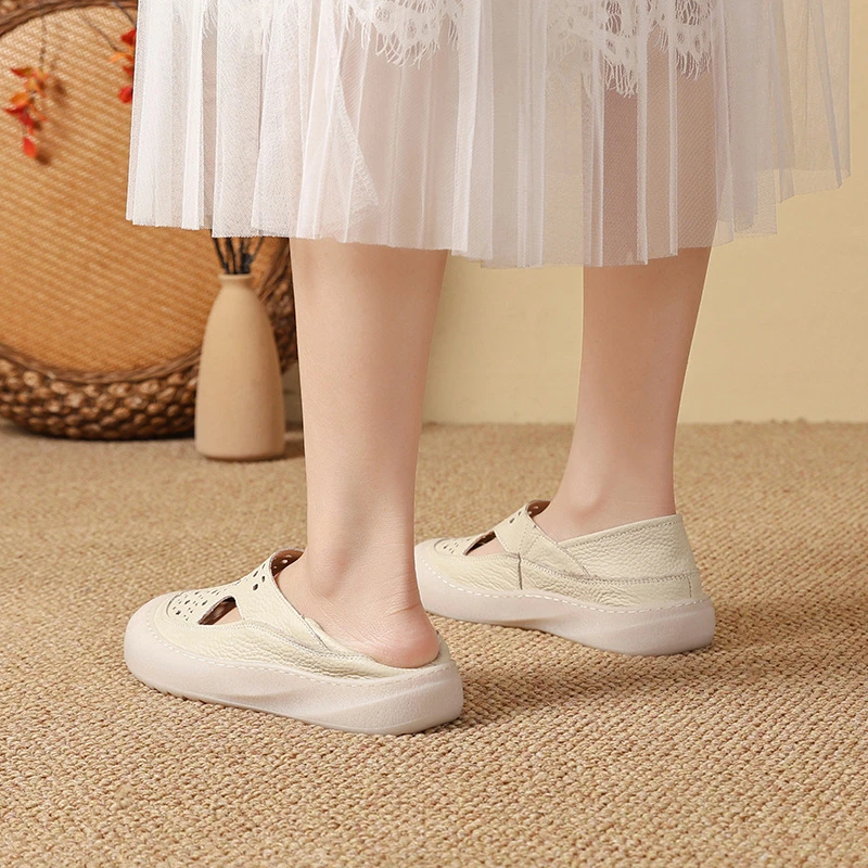 Mori Girl Perforierte Schuhe aus echtem Leder für Damen, faltbare Ballerinas mit Ausschnitt, klobige Loafer, gewellte, atmungsaktive Mokassins – Detail 5