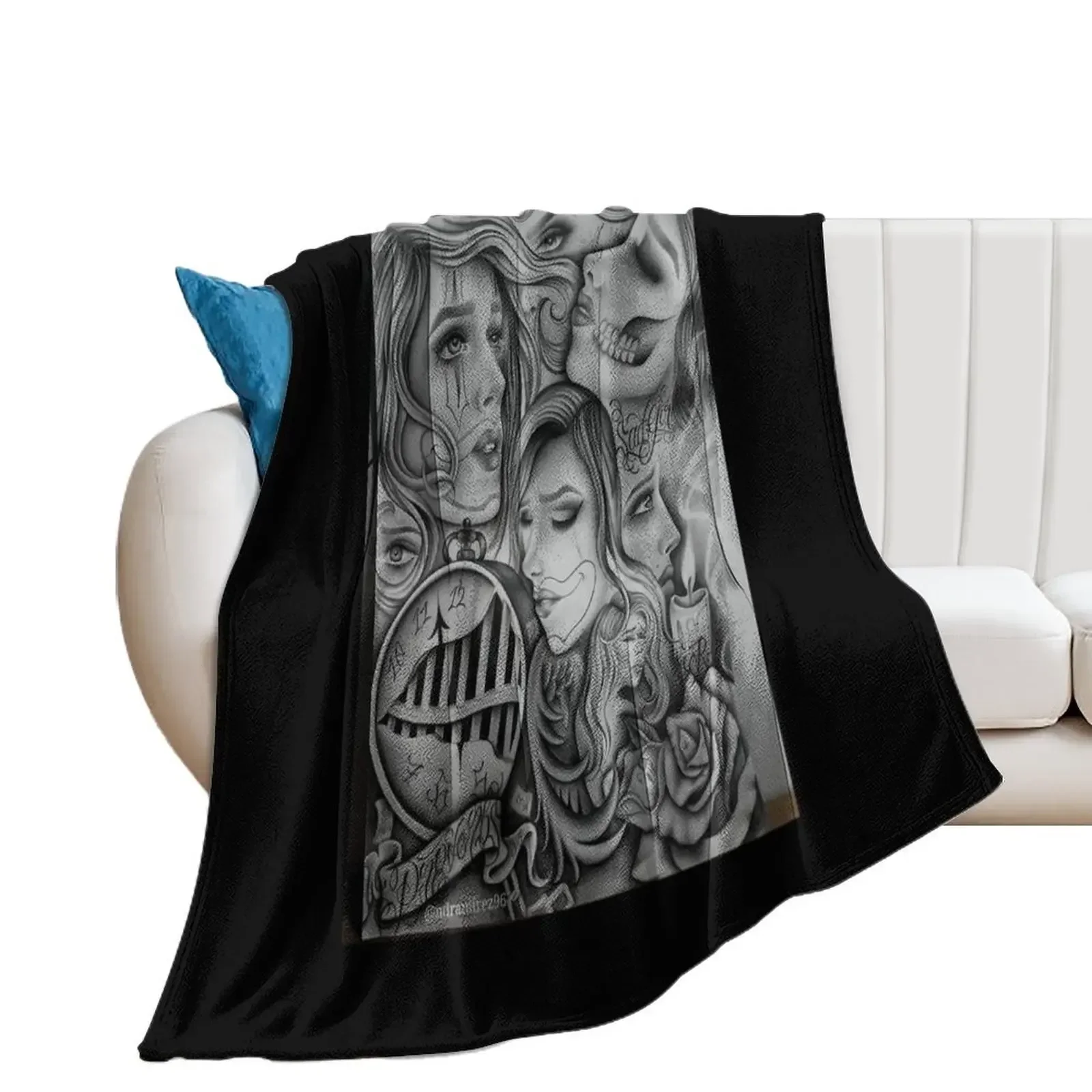 Sad eyes chola clown , Chicano art , black and grey art Throw Blanket blankets and throws Cute Bed Blankets